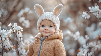 Smiling baby wearing knitted bunny hat enjoying spring blossom in orchard