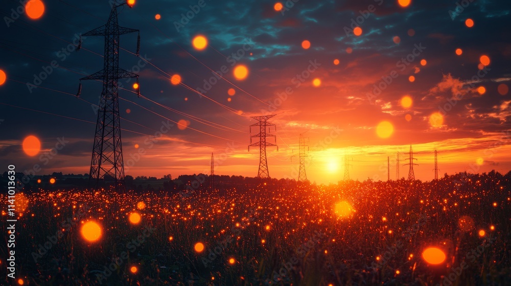 Poster demonstration of edge computing technologies in a sunset landscape with power lines