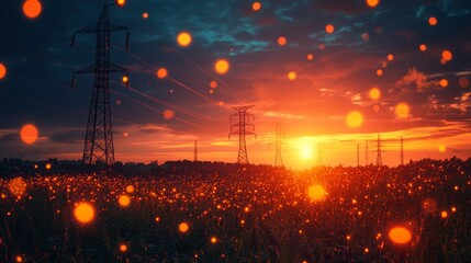 Demonstration of edge computing technologies in a sunset landscape with power lines