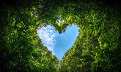 Heart-shaped view of the sky framed by green tree leaves, symbolizing love for nature and environmental preservation