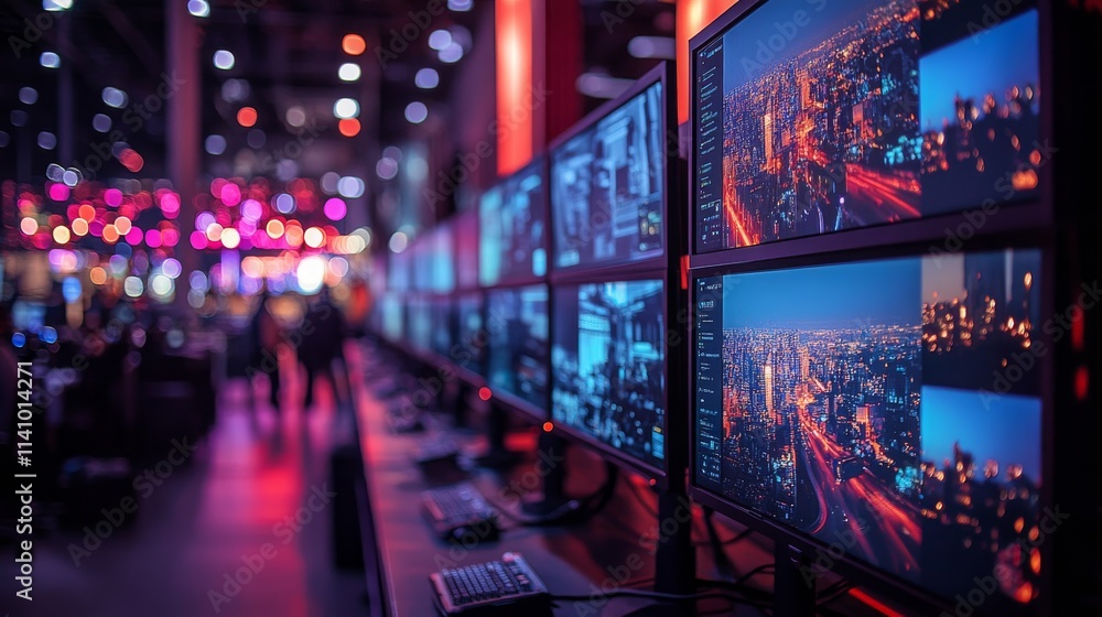 Aufkleber event venue utilizing edge computing with monitors displaying vibrant cityscapes at night