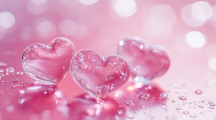 Obraz premium Two Glass Hearts Resting on a Pink Surface