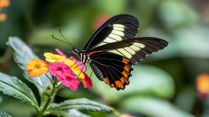 A butterfly feeding on a colorful flower, showcasing vivid patterns.
