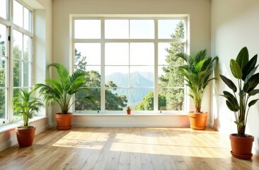 A bright modern room featuring soft wooden flooring and a large potted plant, with greenery visible outside, creating a peaceful and refreshing interior setting 