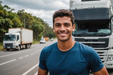 Close portrait of a smiling young Brazilian male truckdriver looking at the camera, against Brazilian blurred background.