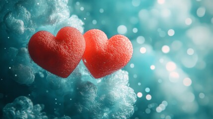 Fototapeta premium Two Red Hearts Submerged in Sparkling Aqua Water