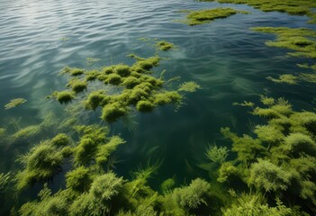 Dense green algae bloom covering lake surface, algae bloom, pollution