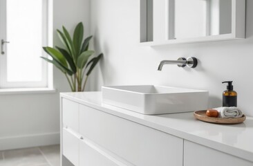 Fototapeta premium A close-up of a minimal white and clean bathroom counter in a minimalist bathroom