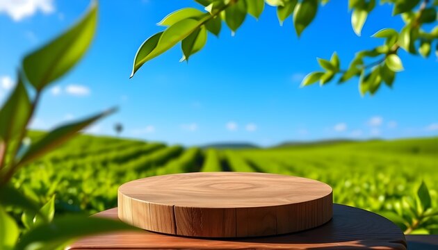 Circle wooden table top with blurred tea plantation landscape against blue sky and blurred green leaf frame Product display concept natural background.