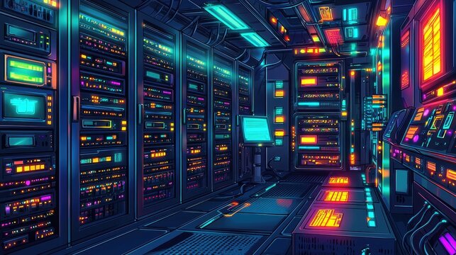 Futuristic Data Center with Vibrant Neon Lights and Advanced Technology Equipment in a Secure Server Room Environment