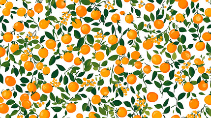 Playful oranges and leaves seamless pattern on a white background, perfect for cheerful, citrus-inspired designs and lively branding