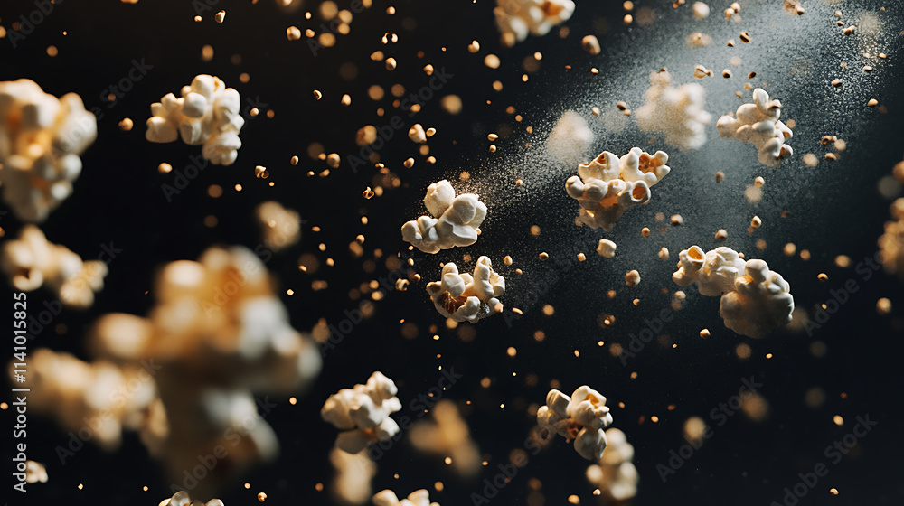 Poster popcorn floating in air particles in motion, on black background for overlay