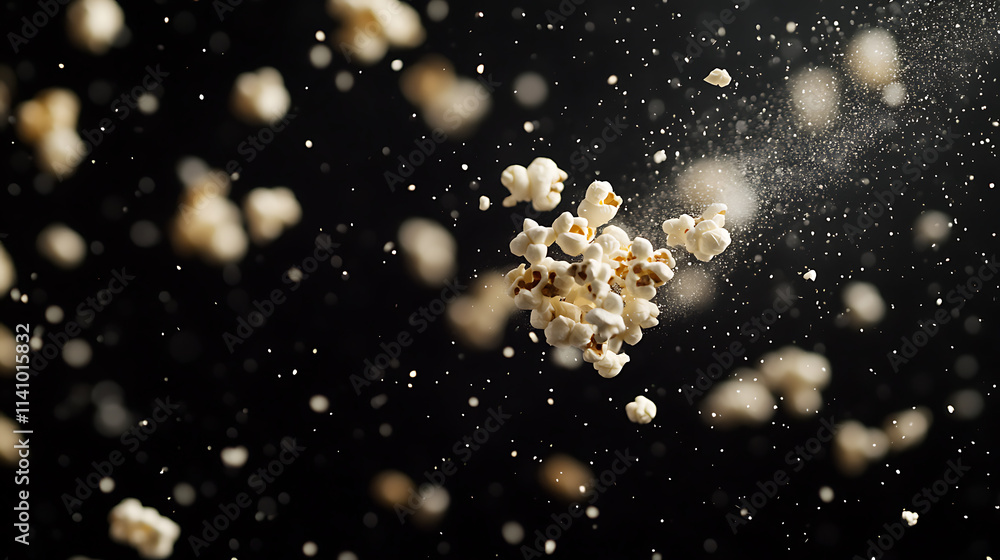 Poster popcorn floating in air particles in motion, on black background for overlay