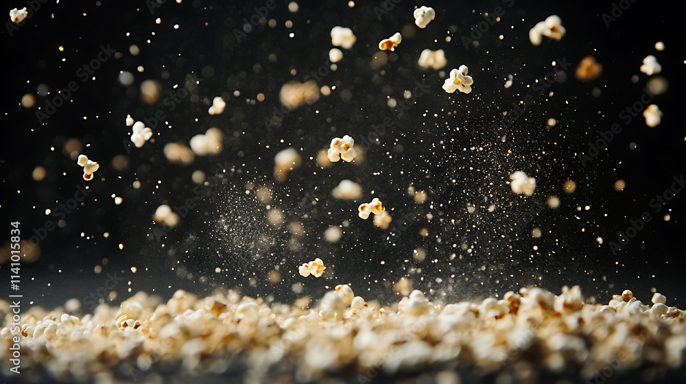 Poster popcorn floating in air particles in motion, on black background for overlay