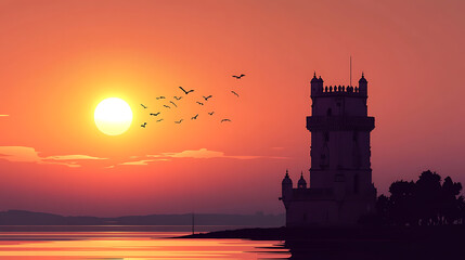 Obraz premium Portugal day background with the belem tower at sunset