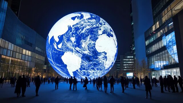 Grande plan&egrave;te terre lumineuse en exposition en plein centre ville avec du monde autour. Large, luminous planet earth on display in the city center, with lots of people around.