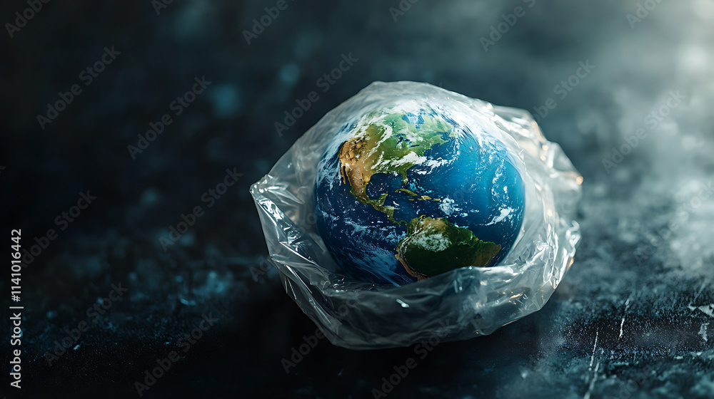 Poster miniature planet earth model trapped inside a plastic bag on a dark background illustrating pollutio