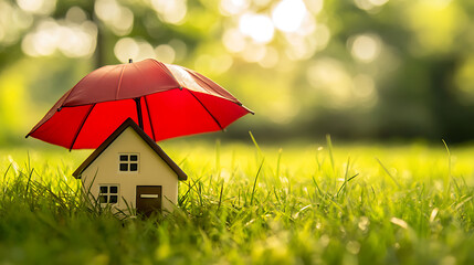 Miniature house protected by a red umbrella on a grassy field, fresh outdoor look, concept of home insurance and property protection