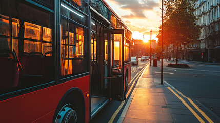 Fototapeta premium Red city bus is parked on a city street at sunset with its doors open and wheelchair ramp extended