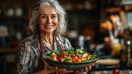 Fototapeta premium Senior Woman Presenting a Fresh Salad in Rustic Kitchen Setting