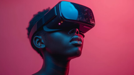 A man wearing a virtual reality headset in front of a pink