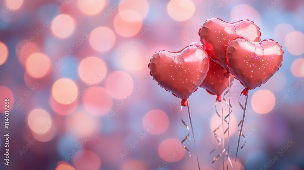 Poster three red heart shaped balloons float against a soft bokeh background