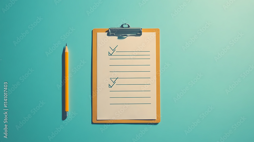 Aufkleber minimalistic image featuring a clipboard with a checked to-do list and a pencil against a soft blue 