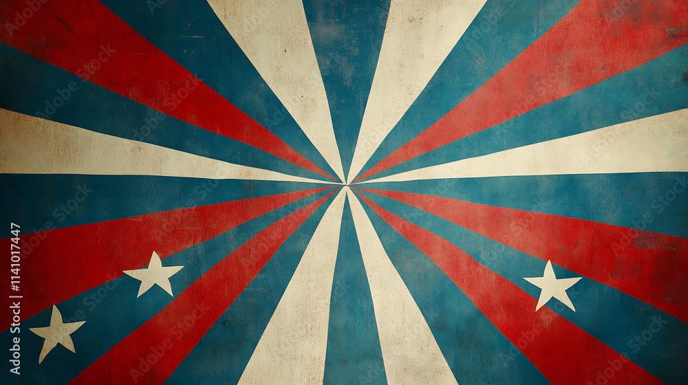 Poster red, white and blue circus background with rays of light a retro paper design
