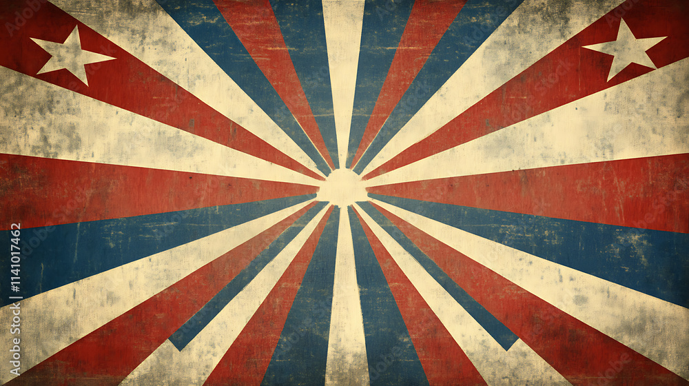 Poster red, white and blue circus background with rays of light a retro paper design