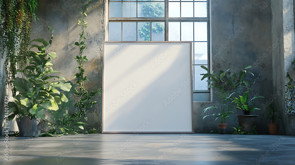 Poster Mock up image of large blank frame canvas on the floor, city loft with a large window, concrete floors and a green plants