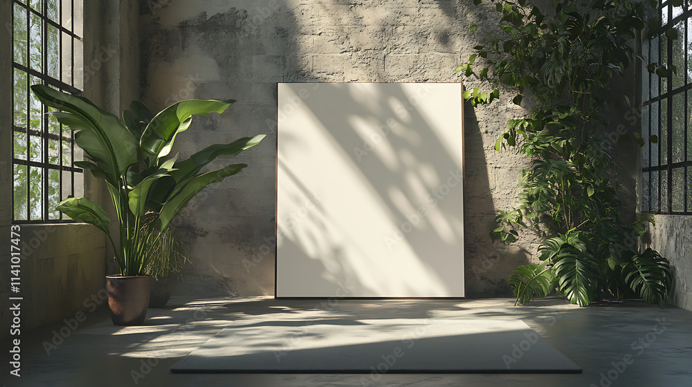 Poster Mock up image of large blank frame canvas on the floor, city loft with a large window, concrete floors and a green plants