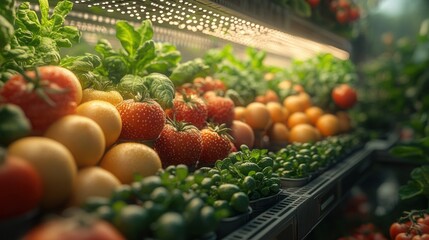 Fresh produce, herbs, and fruits under grow lights.