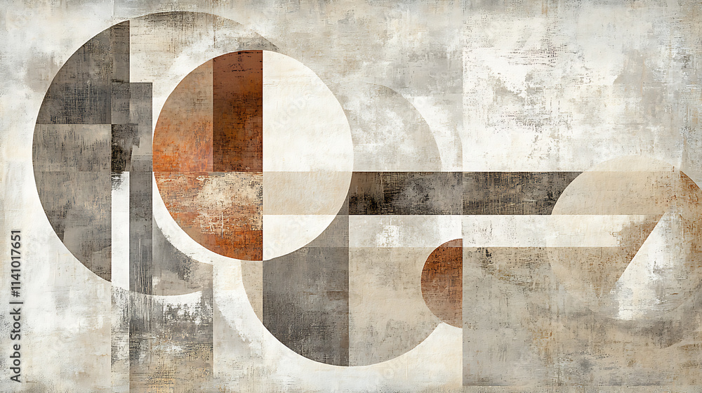 Poster modern abstract design featuring geometric shapes in earthy tones of beige, brown and grey on a text