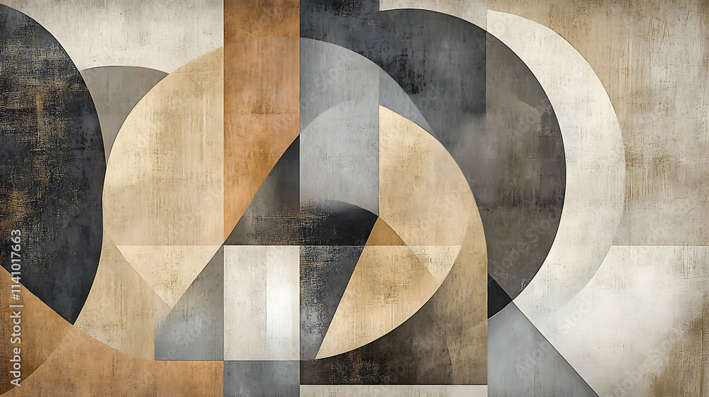 Aufkleber modern abstract design featuring geometric shapes in earthy tones of beige, brown and grey on a text
