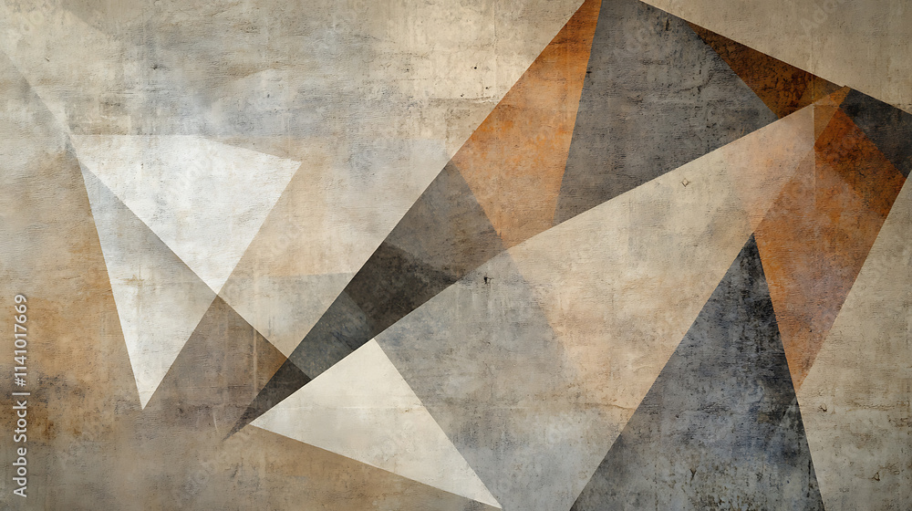 Poster modern abstract design featuring geometric shapes in earthy tones of beige, brown and grey on a text