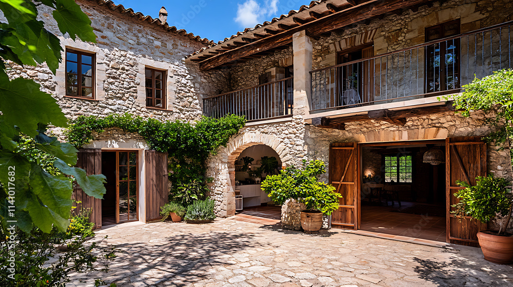 Poster refurbished catalan masia: a harmonious blend of rustic charm and modern minimalism with vaulted cei