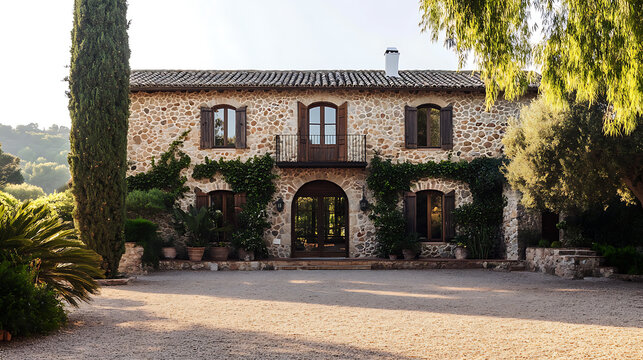 Refurbished catalan masia: a harmonious blend of rustic charm and modern minimalism with vaulted ceilings, whitewashed walls, and elegant dark wood accents