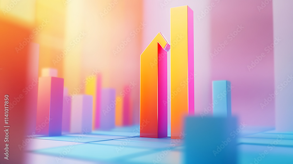 Poster rising bar graph with an upward arrow, digital image, white background, concept of growth or progres