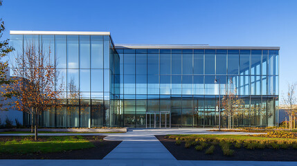 Obraz premium Modern glass facade of an office building with reflections on a clear day