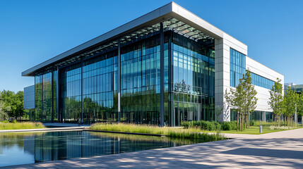 Obraz premium Modern glass facade of an office building with reflections on a clear day