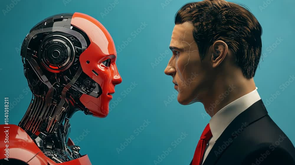 Aufkleber ai-powered assistant enhancing human efficiency in the workplace concept, humanoid robot and man fac