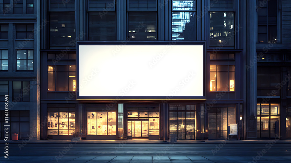 Poster isolated blank billboard on a modern building facade with illuminated windows at night