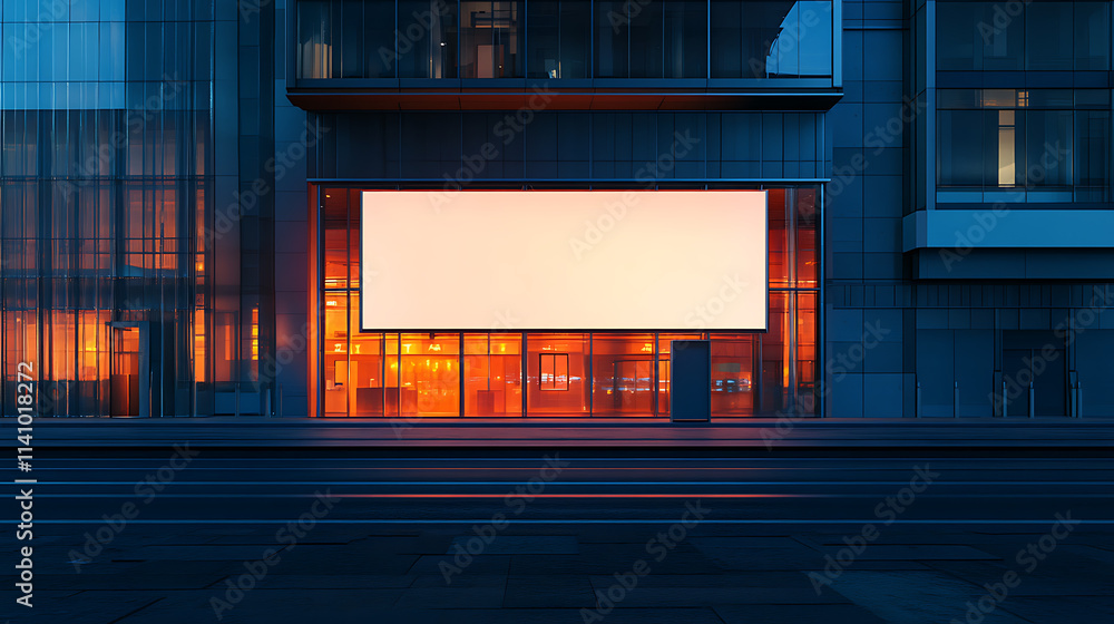Poster isolated blank billboard on a modern building facade with illuminated windows at night