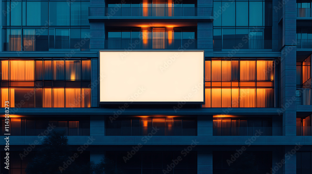 Poster isolated blank billboard on a modern building facade with illuminated windows at night