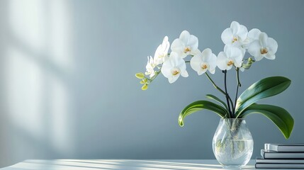 Plakat A sleek, modern office desk with a simple floral arrangement of white orchids and green foliage in a minimalist glass vase.