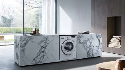 Modern laundry room with washing machine and marble countertop on a bright day