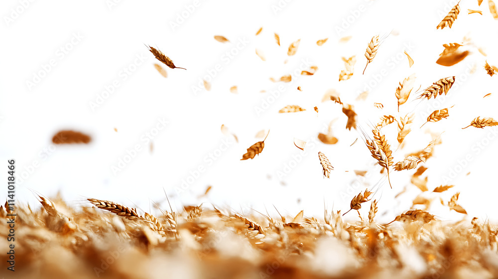 Poster isolated on a white background, falling wheat with a selective focus