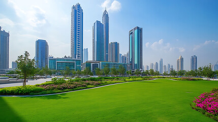Obraz premium Modern office buildings with green lawns in the background of a commercial and business center