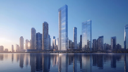 Naklejka premium Modern urban skyline with reflective glass skyscrapers and business office buildings under clear blue sky, showcasing contemporary architecture and corporate environment