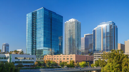 Fototapeta premium Modern urban skyline with reflective glass skyscrapers and business office buildings under clear blue sky, showcasing contemporary architecture and corporate environment